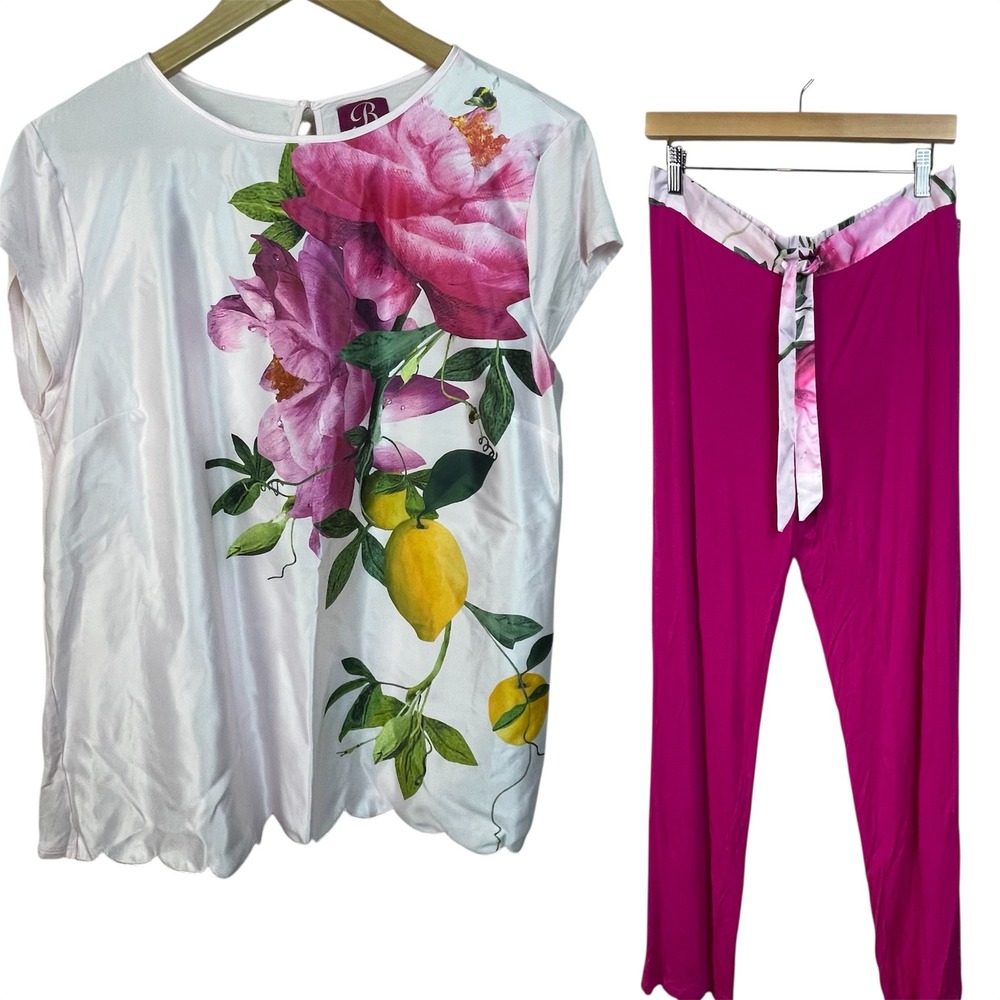 Ted Baker Womens Pajama Set Top Pants Pink Floral Lemon Print Size 12